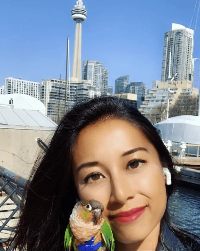 Samantha smiling at Harbourfront in Toronto with Miko, a green-cheeked conure in a blue harness, on her shoulder and the CN Tower behind them