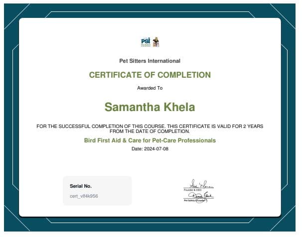 Samantha's Bird First Aid & Care for Pet-Care Professionals certificate of completion from Pet Sitters International