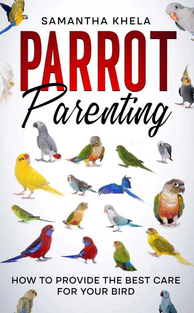 The cover of Parrot Parenting, with painted parrots, budgies and conures