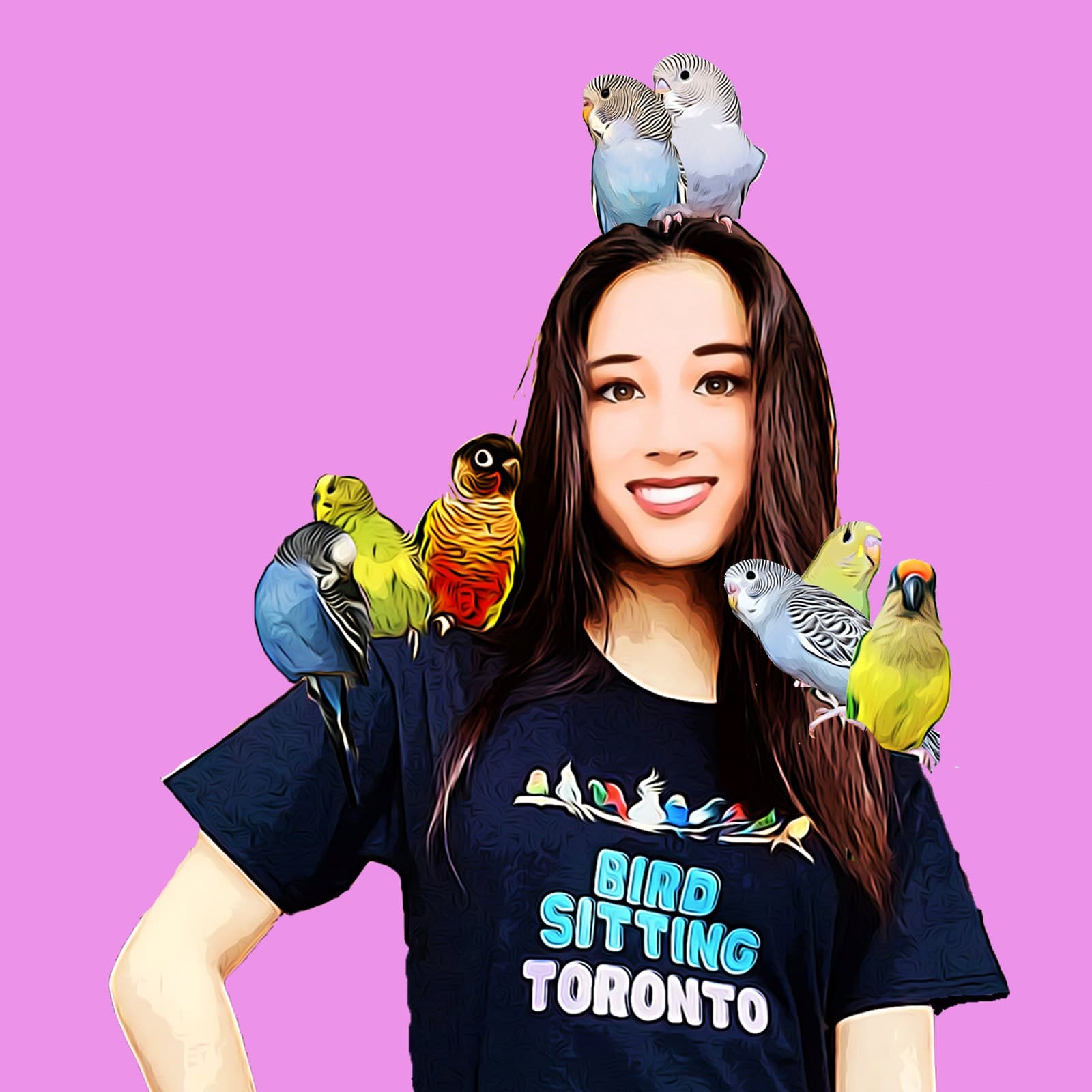 An illustration of Samantha in a Bird Sitting Toronto t-shirt with our own birds on her shoulders and head, among them Miko and Apollo, our two conures