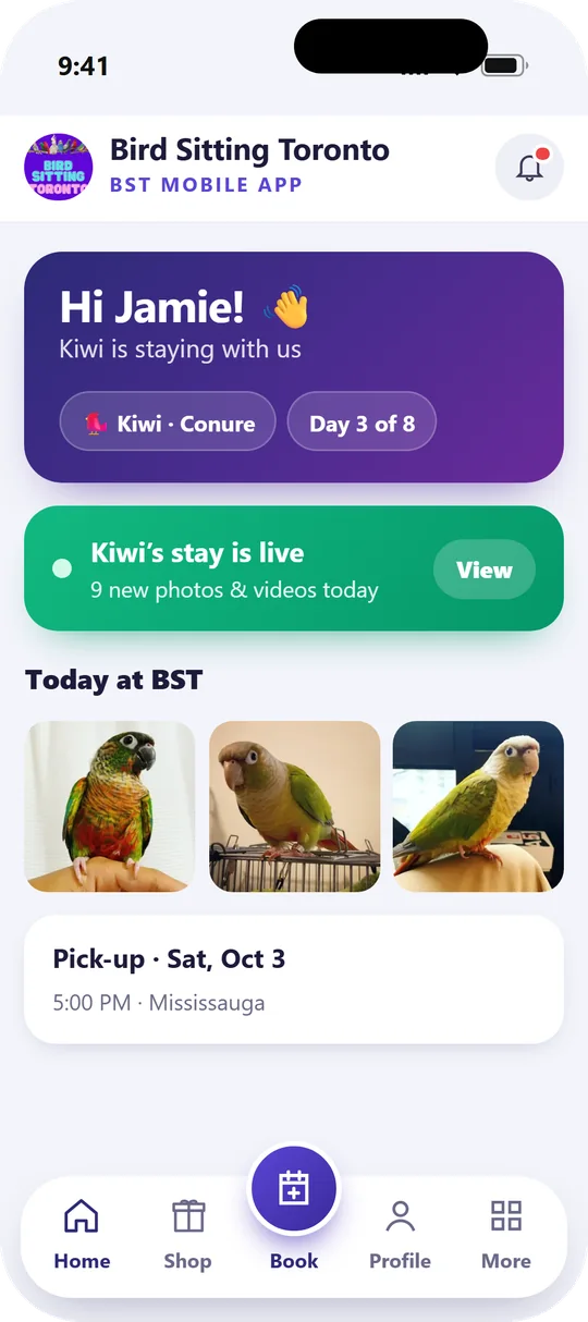 The BST Mobile App's home screen: a stay that is live, with nine new photos and videos today, three of them a conure