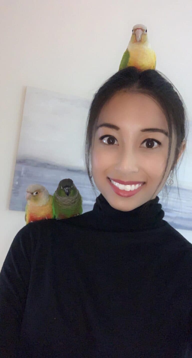 Samantha with a conure on her head and two more on her shoulder