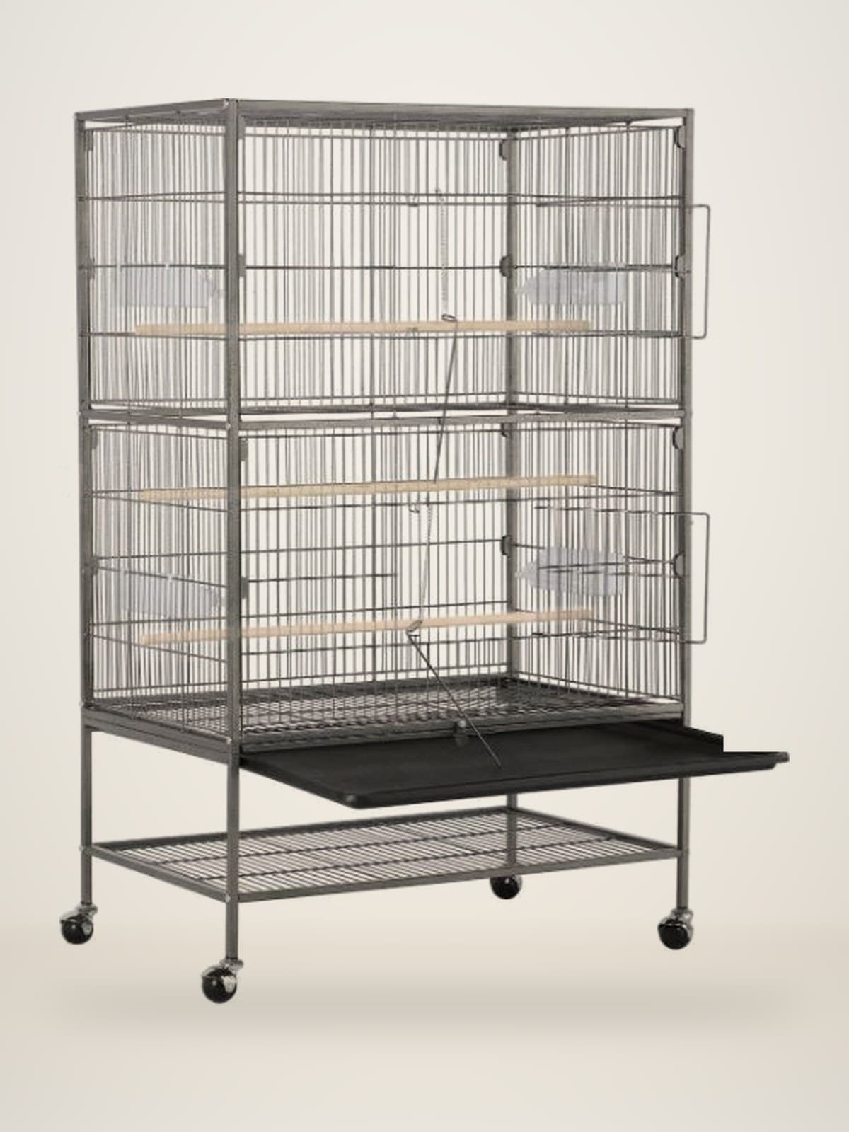 Pippin’s Home, a dark grey two-level cage on a wheeled stand with a shelf below (manufacturer’s photo)