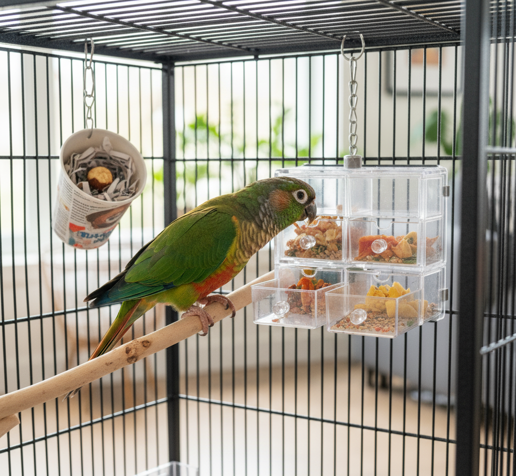 Happy parrot perched on a colorful toy, promoting bird happiness