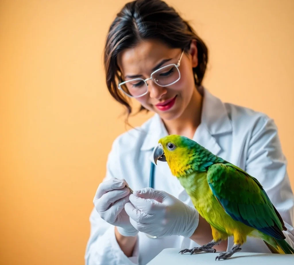 Avian vet gently trimming a parrot’s beak