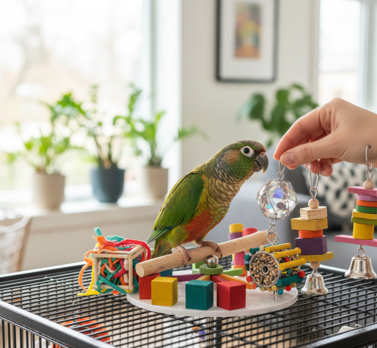 Bird enjoying playtime in a Toronto home, ideas for keeping pet birds happy