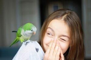 Cute smiling girl playing with her pet green Monk Parakeet parrot.