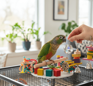 Bird enjoying playtime in a Toronto home, ideas for keeping pet birds happy