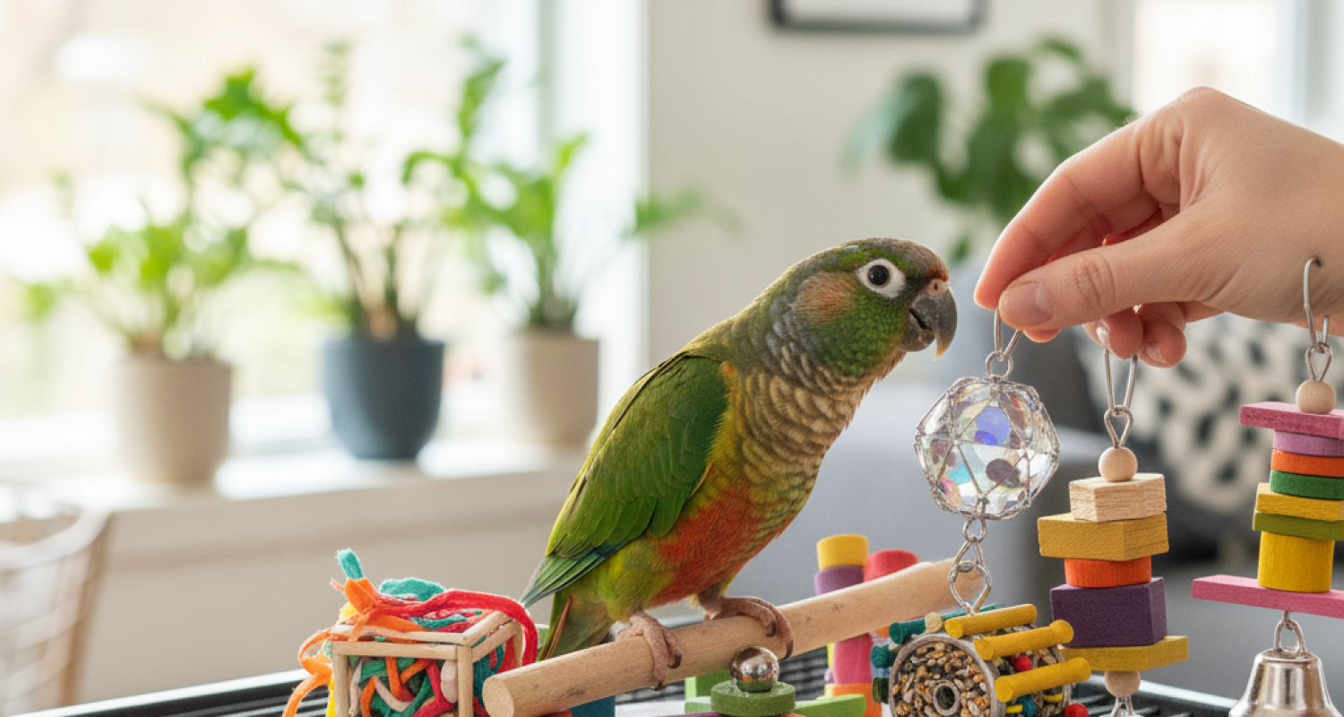 Bird enjoying playtime in a Toronto home, ideas for keeping pet birds happy