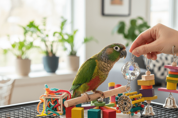 Bird enjoying playtime in a Toronto home, ideas for keeping pet birds happy
