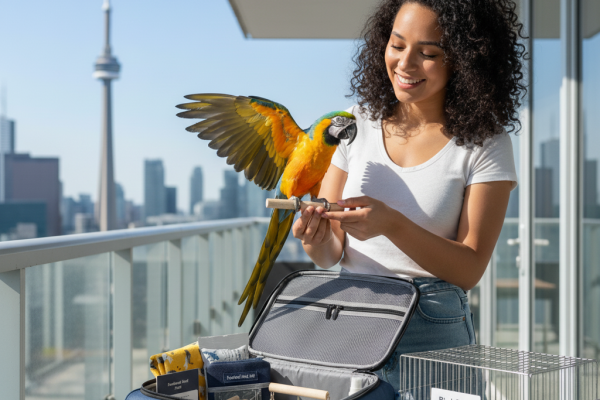 Complete bird travel kit with cage accessories and travel essentials